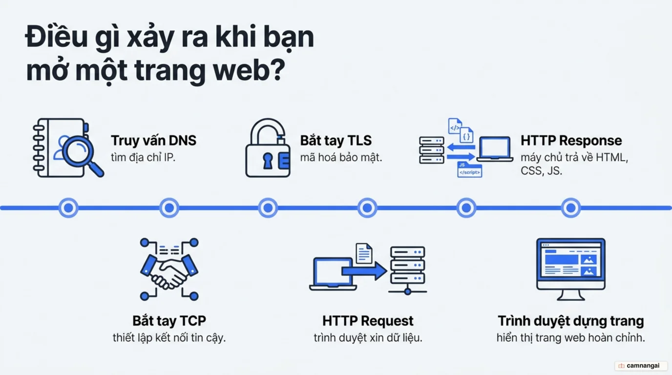 Trình tự tải một trang web: truy vấn DNS, bắt tay TCP, bắt tay TLS, HTTP request, HTTP response rồi trình duyệt dựng trang