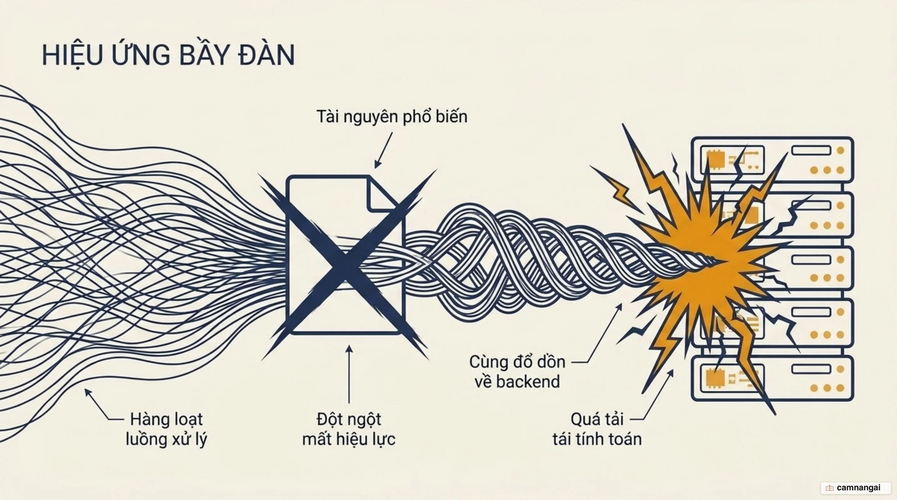 Cache stampede: một tài nguyên phổ biến hết hạn khiến hàng loạt luồng xử lý cùng lúc đổ dồn về backend để tái tính toán