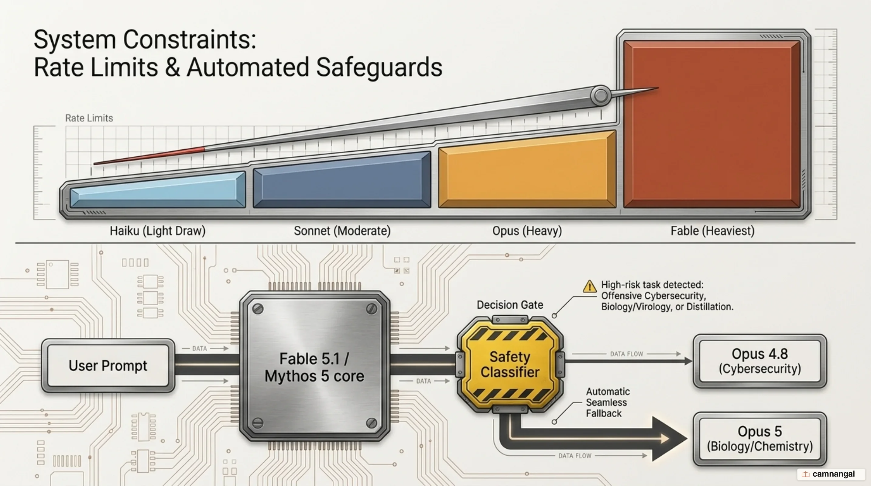 Rate limit consumption across model tiers and automatic safety classifier fallback routing from Fable to Opus
