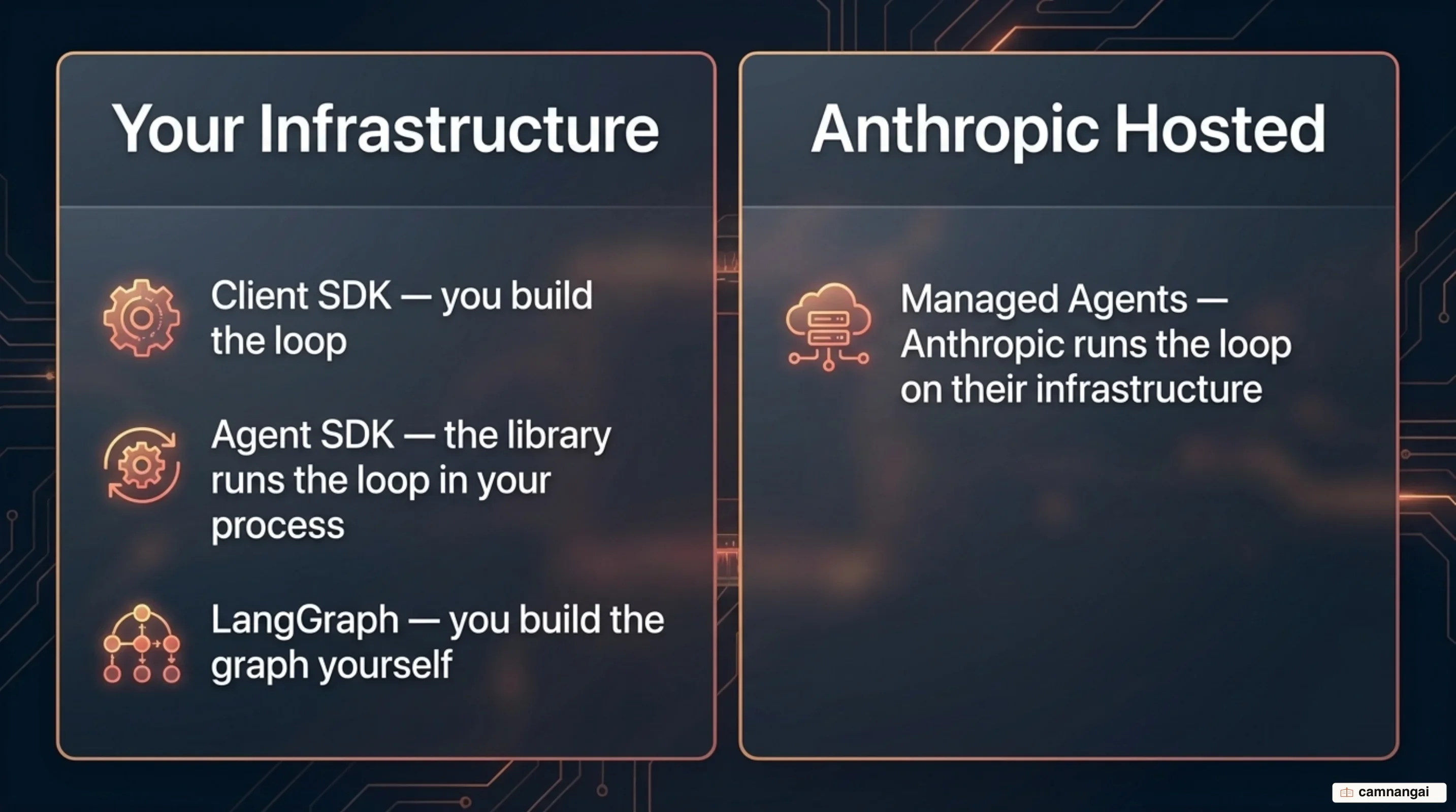 Who owns the agent loop, split by where it runs: Client SDK, Agent SDK and LangGraph all run on your own infrastructure, while only Managed Agents is hosted by Anthropic