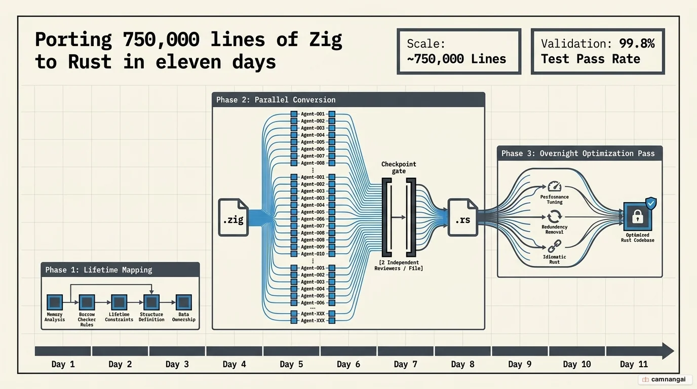 Bun's Zig-to-Rust case study: roughly 750,000 lines of Rust in 11 days at a 99.8% test pass rate, produced through lifetime mapping, parallel file conversion with two reviewers per file, and an overnight optimization pass.