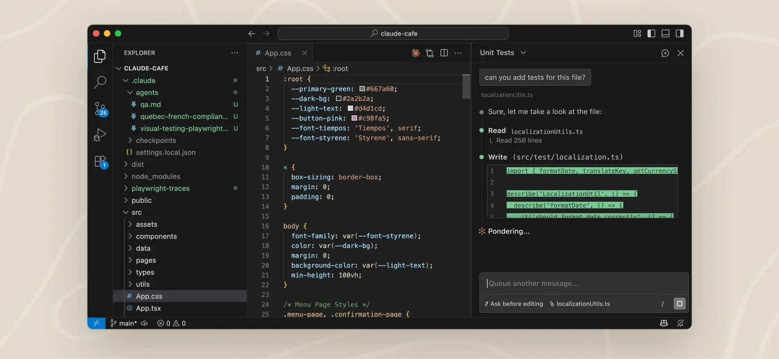 Claude Code extension in VS Code: the editor showing App.css on the left, and the Claude chat panel on the right reading and writing tests for the file