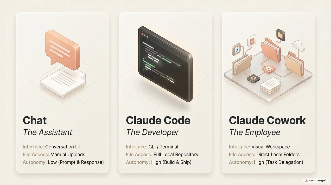 Diagram comparing three roles: Chat as assistant, Claude Code as developer, and Claude Cowork as employee, differing in interface, file access, and autonomy level