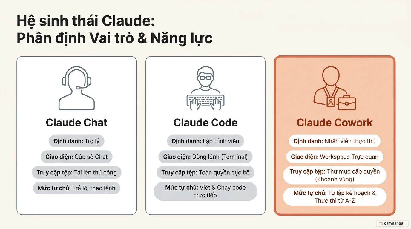Sơ đồ so sánh ba vai trò: Chat là trợ lý, Claude Code là lập trình viên, Claude Cowork là nhân viên, khác nhau ở giao diện, quyền truy cập tệp và mức tự chủ