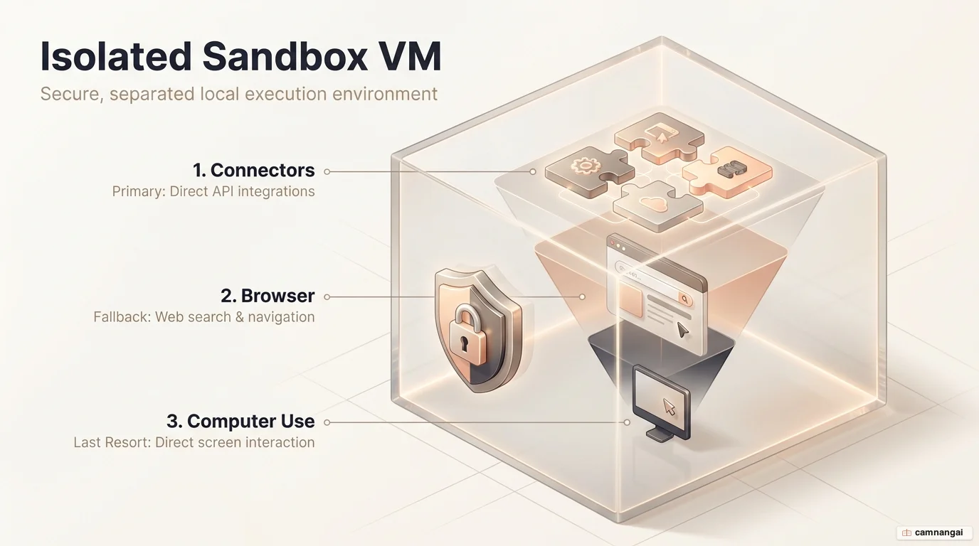 Diagram of how Claude Cowork runs a task: tool priority Connectors → browser → Computer Use, all executing inside an isolated sandbox VM