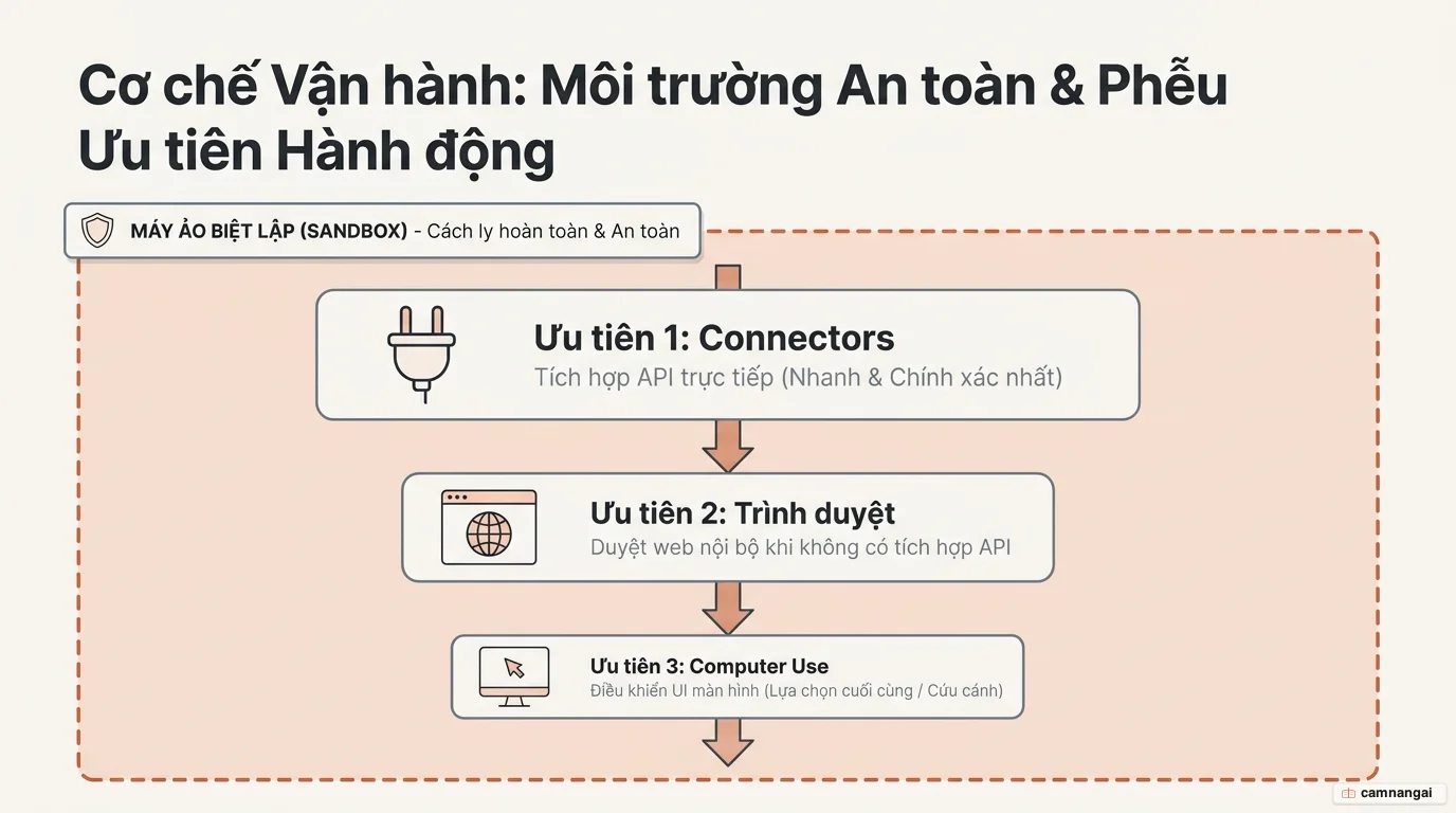 Sơ đồ cách Claude Cowork chạy một tác vụ: thứ tự ưu tiên công cụ Connectors → trình duyệt → Computer Use, toàn bộ chạy trong một máy ảo biệt lập