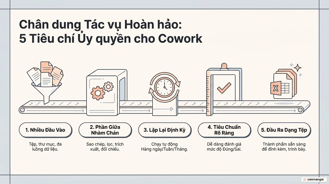 Năm tiêu chí của một tác vụ hợp với Cowork: nhiều đầu vào, có đầu ra dạng tệp, lặp lại định kỳ, phần giữa nhàm chán, và biết rõ tiêu chuẩn đúng sai