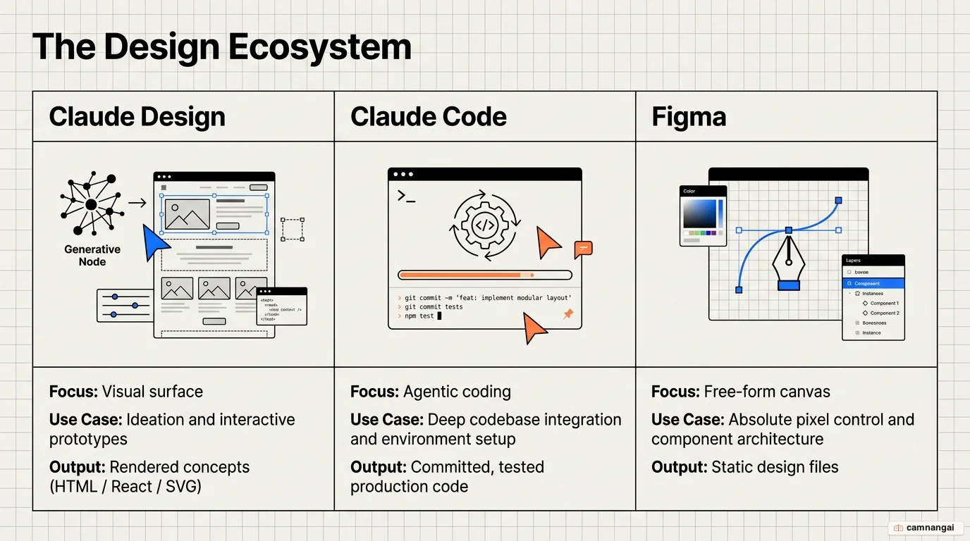 A three-way comparison: Claude Design is a visual surface, Claude Code is an agentic coding agent that runs on your codebase, and Figma is a free-form drag-and-drop canvas