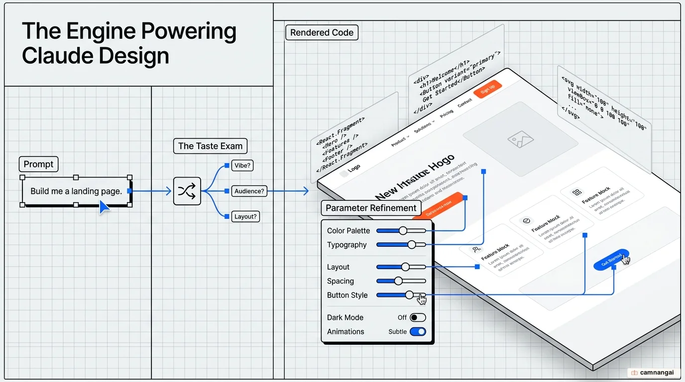 The Claude Design flow: a prompt leads to a taste exam, then code rendered on the canvas, then refinement with tweak sliders, inside the split chat-and-canvas interface