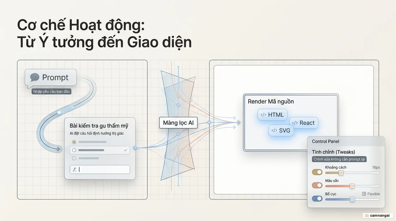 Luồng hoạt động của Claude Design: prompt → bài kiểm tra gu thẩm mỹ → render mã nguồn trên canvas → tinh chỉnh bằng tweaks, trong giao diện chia đôi chat và canvas