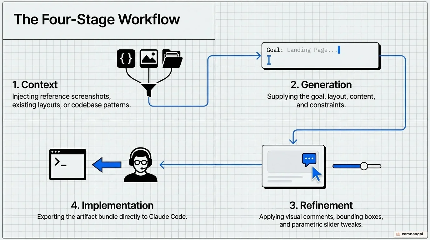The four-stage Claude Design workflow: setting context, prompting, iterating, and handoff to a developer