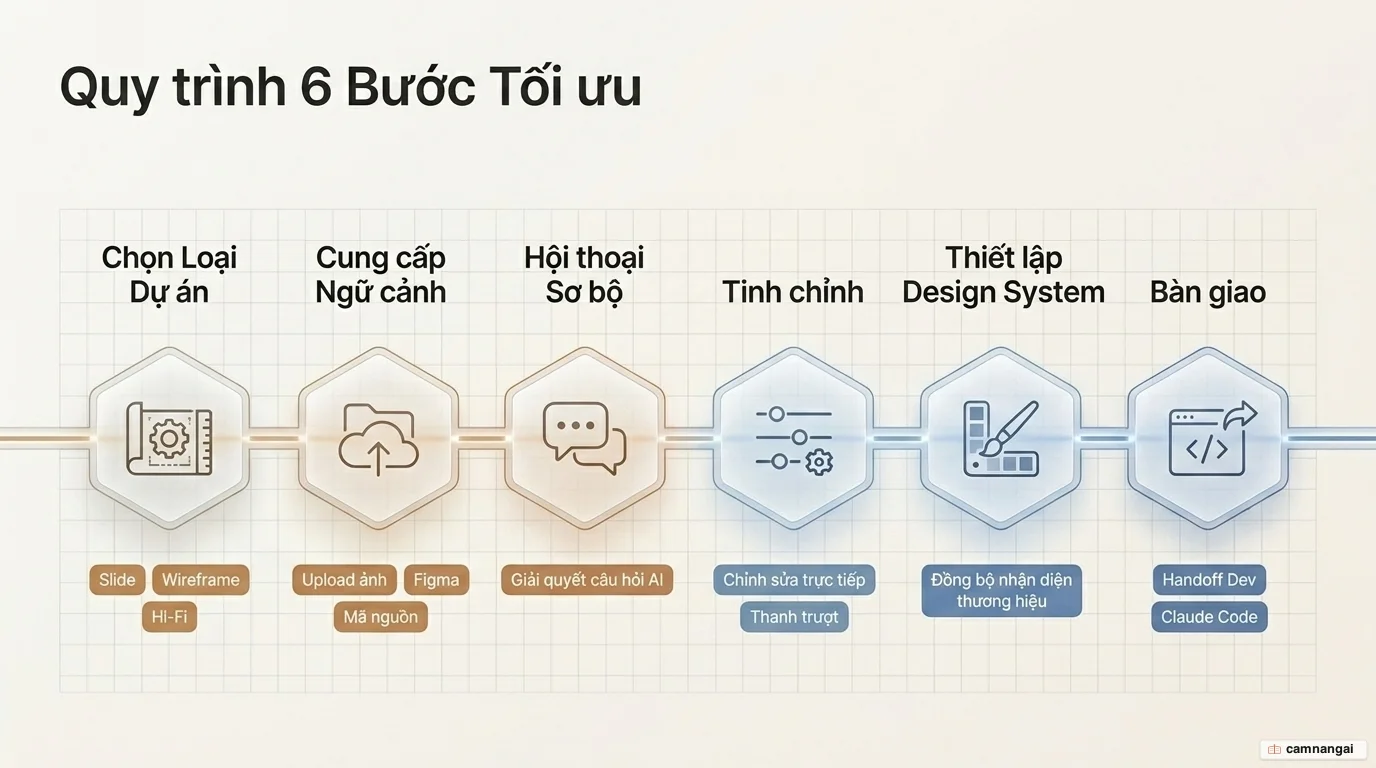 Quy trình sáu bước trong Claude Design: chọn loại dự án, cung cấp ngữ cảnh, hội thoại sơ bộ, tinh chỉnh, thiết lập design system, và bàn giao cho lập trình viên