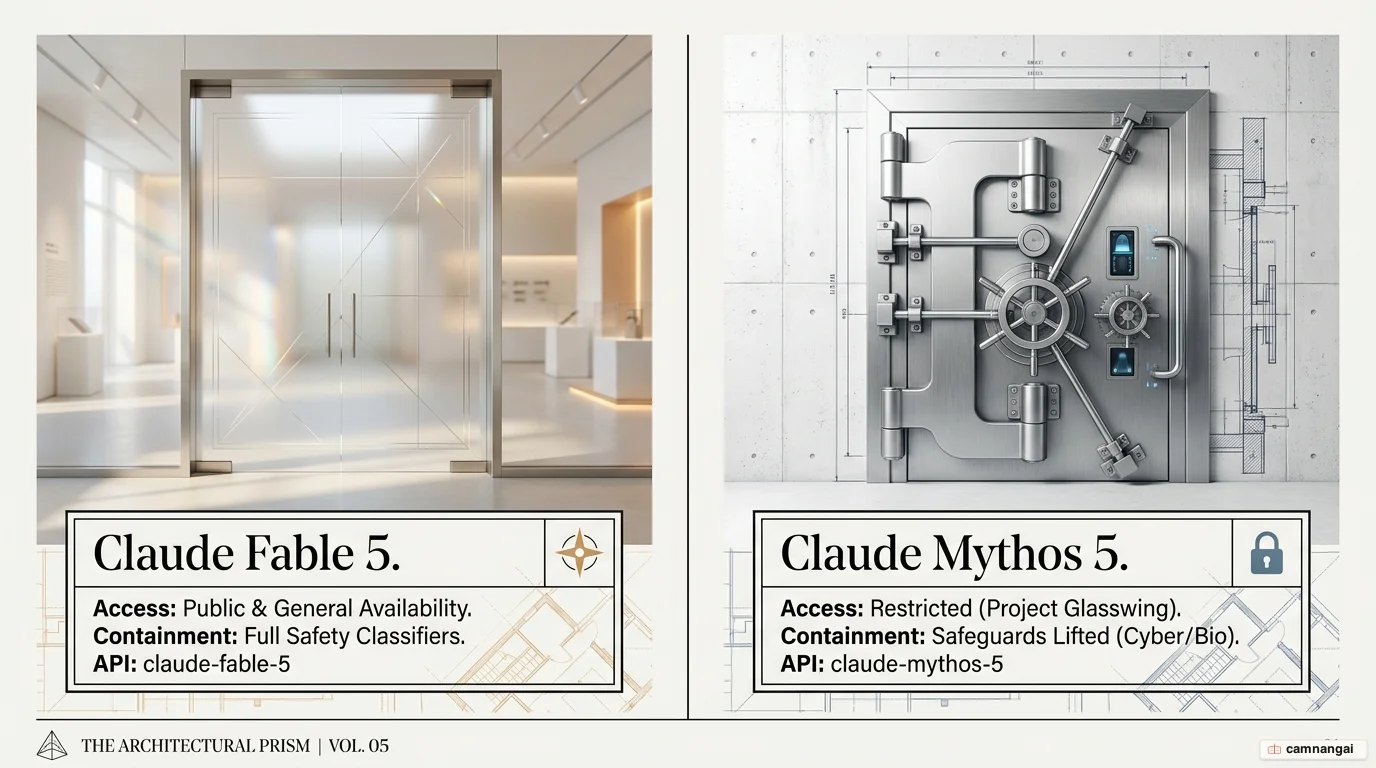 Comparison of Claude Fable 5 (public, full safety classifiers) and Claude Mythos 5 (restricted, safeguards lifted, via Project Glasswing).