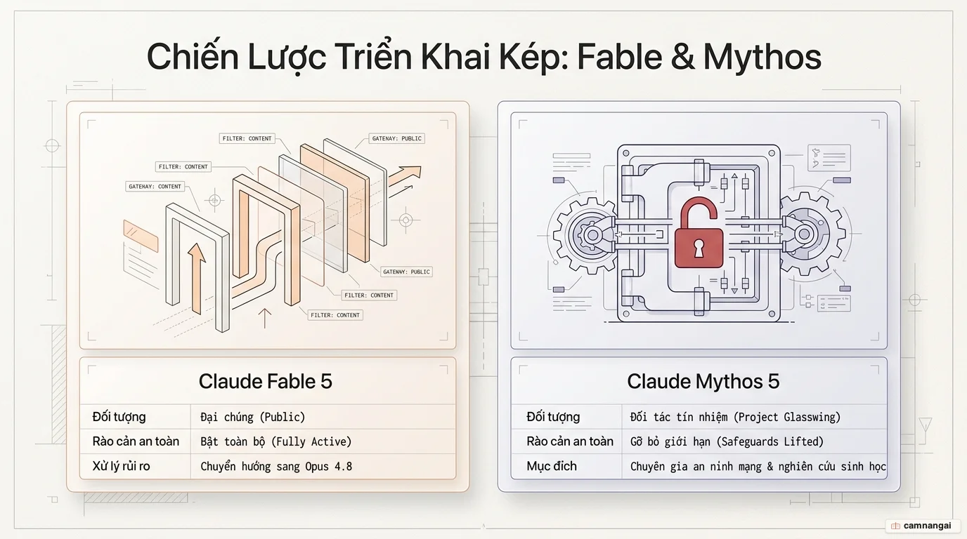 So sánh Claude Fable 5 (bản đại chúng, đầy đủ lớp lọc an toàn) và Claude Mythos 5 (bản hạn chế, gỡ bớt rào cản, qua Project Glasswing).