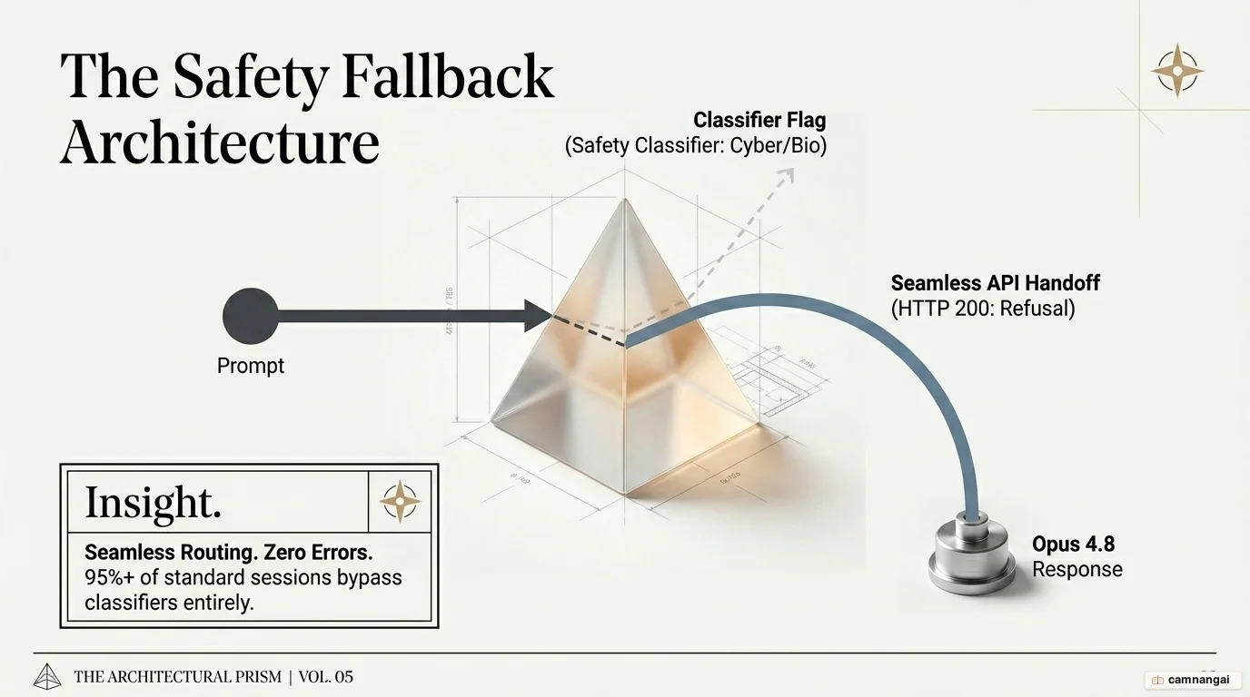 Fallback flow: a high-risk request is flagged by a classifier, the API returns HTTP 200 with stop_reason "refusal", then automatically routes to Claude Opus 4.8.
