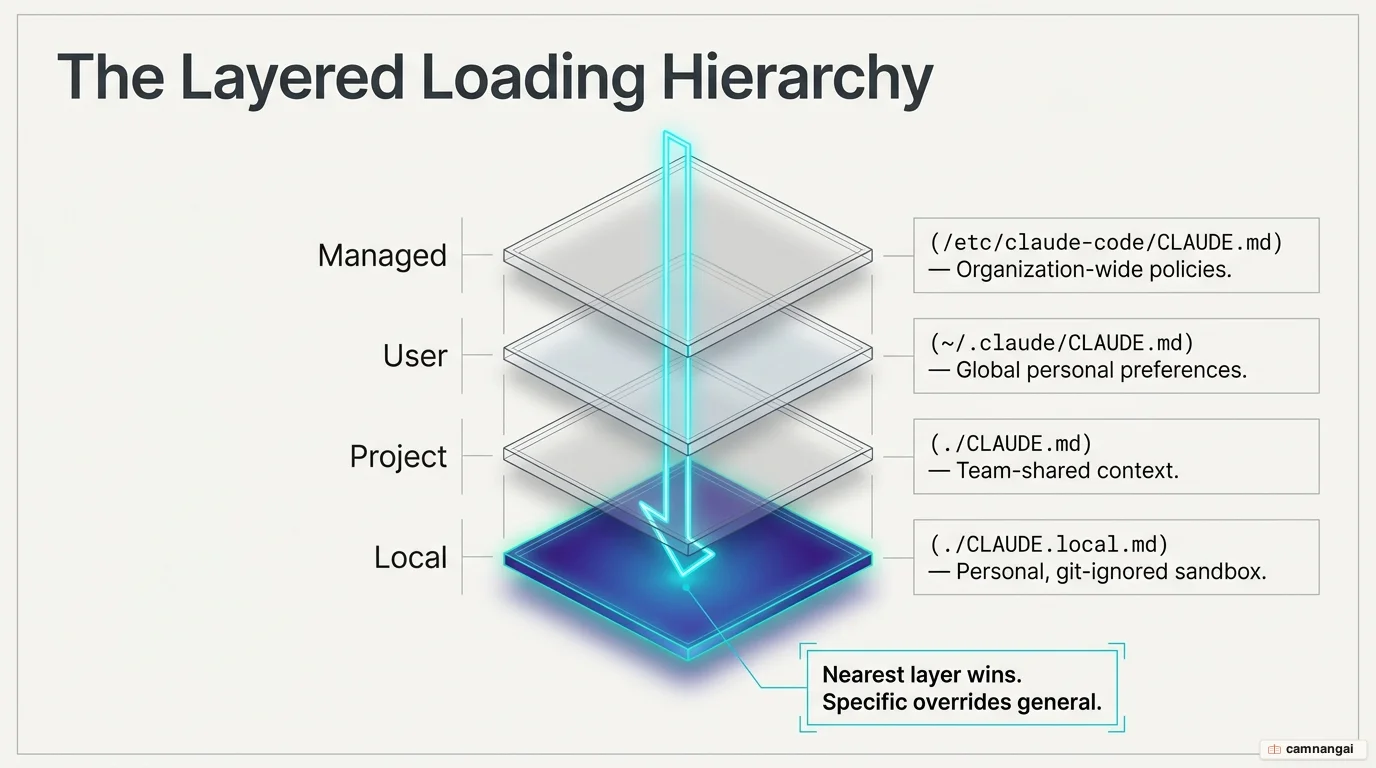 Layered diagram of how Claude Code loads files: four stacked scopes from Managed Policy down to User, Project, and Local, walking from the filesystem root to the working directory, where the layer nearest the working directory wins.