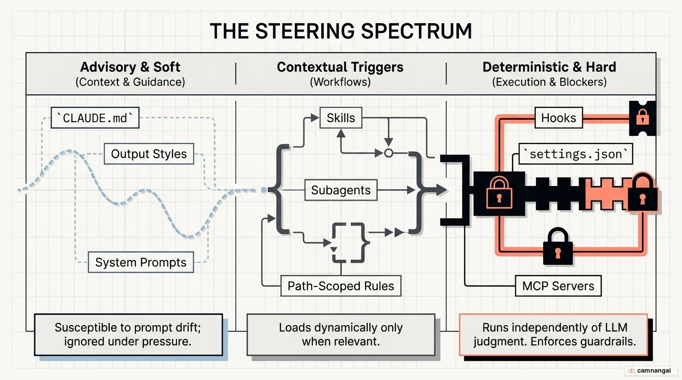 Diagram of the Claude steering spectrum, from advisory (soft) mechanisms like CLAUDE.md and skills to deterministic (hard) ones like hooks, settings.json and MCP.