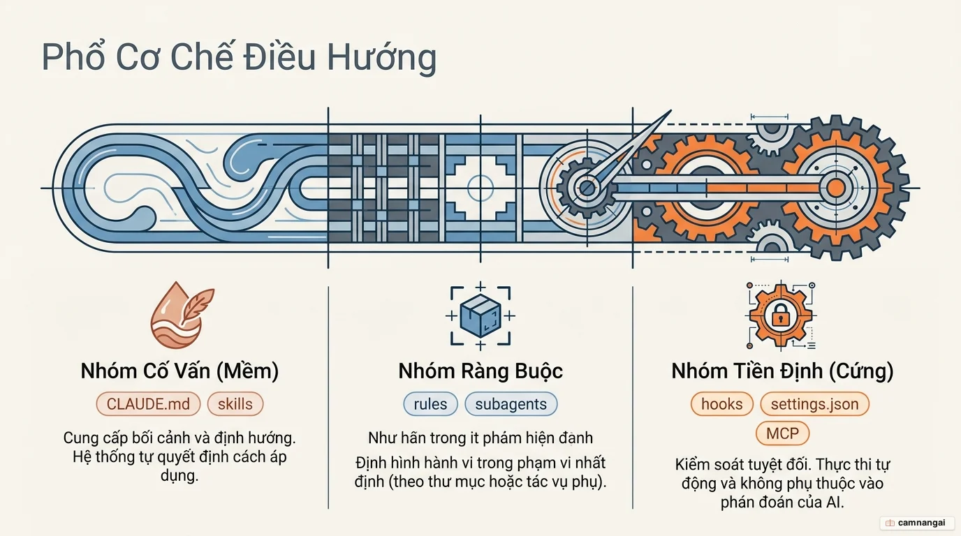 Sơ đồ phổ cơ chế điều hướng Claude: từ nhóm cố vấn (advisory, mềm) như CLAUDE.md và skills đến nhóm tiền định (deterministic, cứng) như hooks, settings.json và MCP.