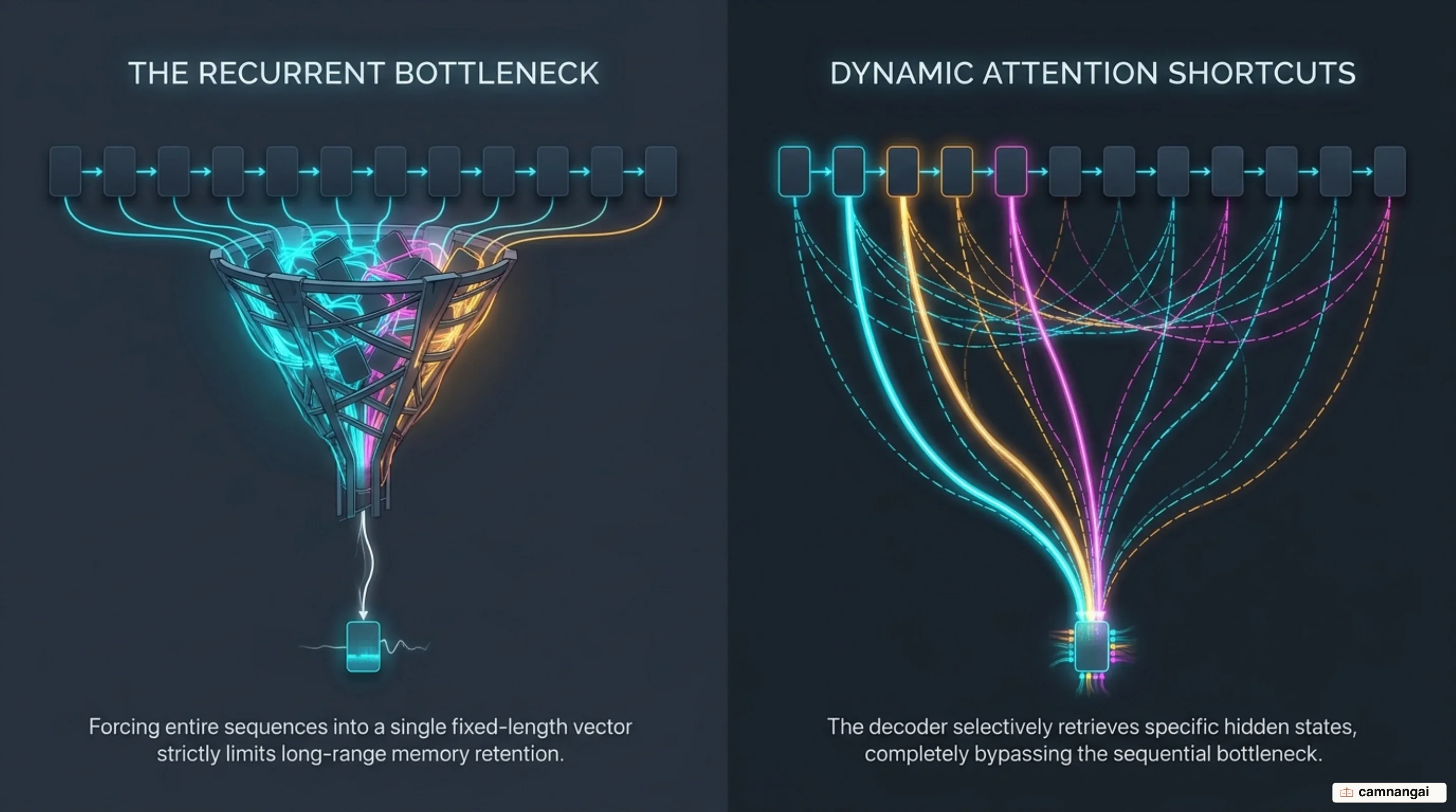 Comparison between RNN fixed-length context vector bottleneck and direct Attention shortcut connections