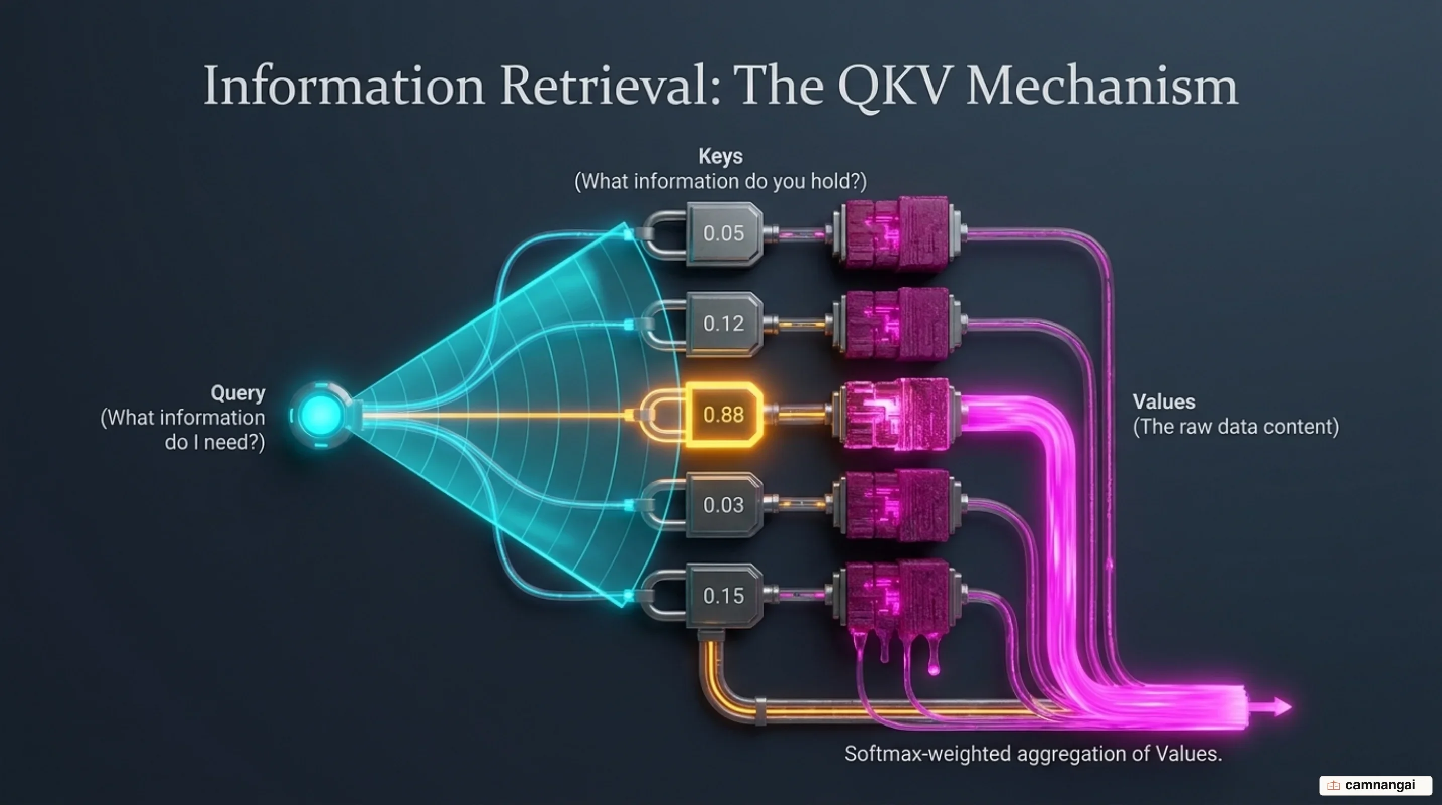Dynamic data retrieval model matching Query against Keys to weight Values