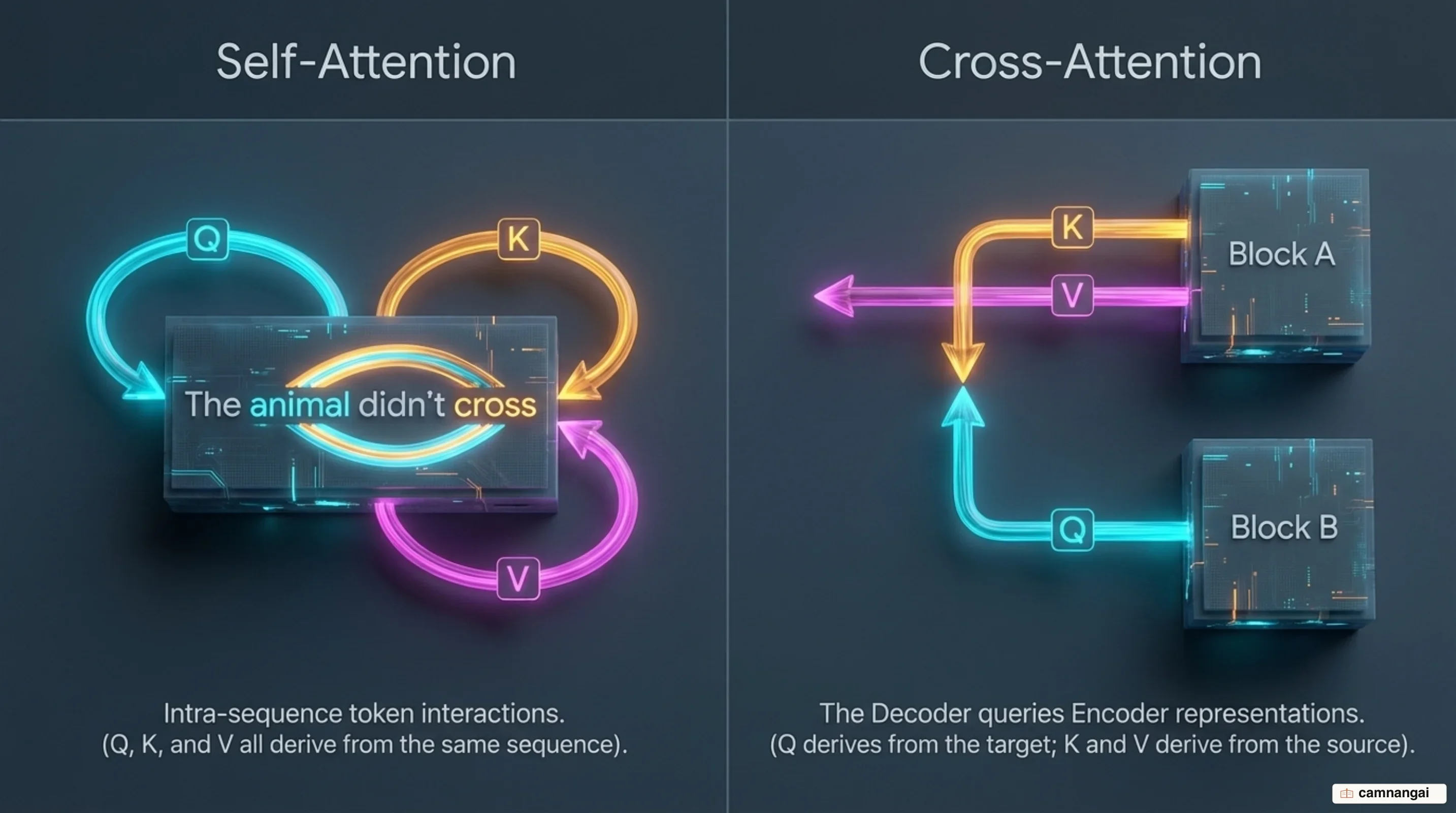 Structural comparison between intra-sequence Self-Attention and inter-sequence Cross-Attention