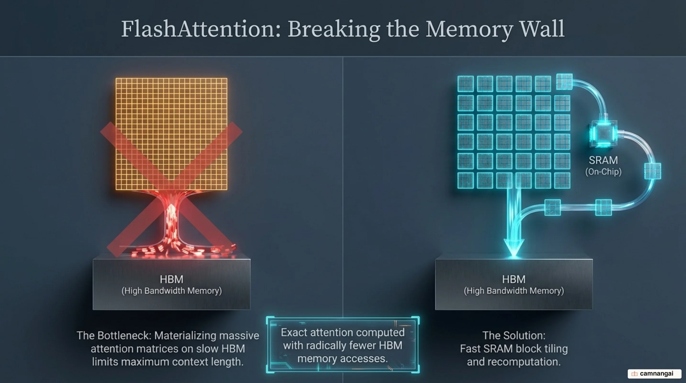 FlashAttention SRAM block tiling and recomputation overcoming O(N²) HBM memory bandwidth bottleneck