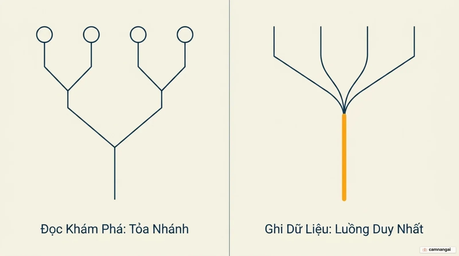 Hai hướng đối lập: việc đọc và khám phá thì chạy song song nhiều nhánh, việc ghi thì dồn về một luồng duy nhất