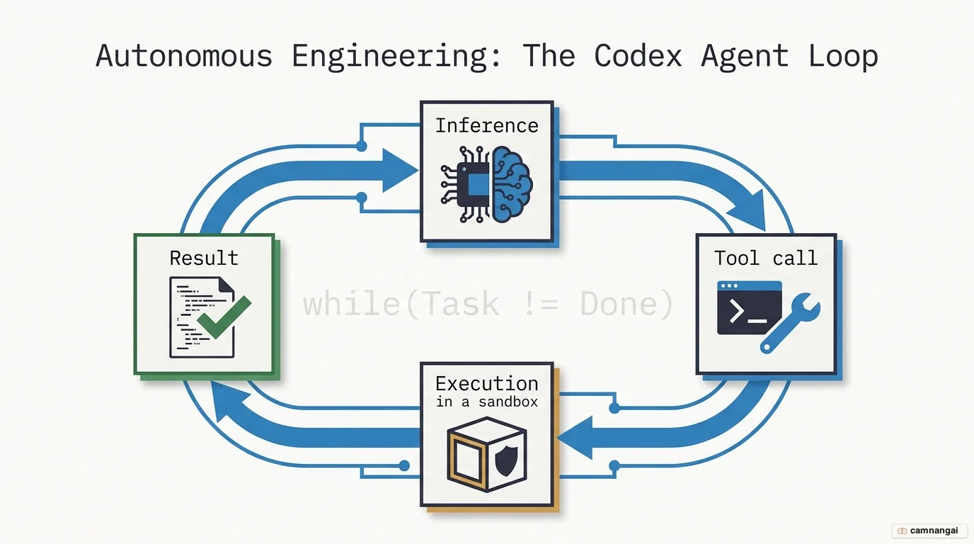 Diagram of Codex's agent loop: Inference → Tool call → Execution in a sandbox → Result, then repeating until the goal is reached