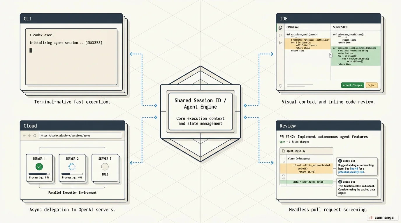 Diagram of Codex's four surfaces — CLI, IDE, Cloud, and Review — all connected through a shared Session ID
