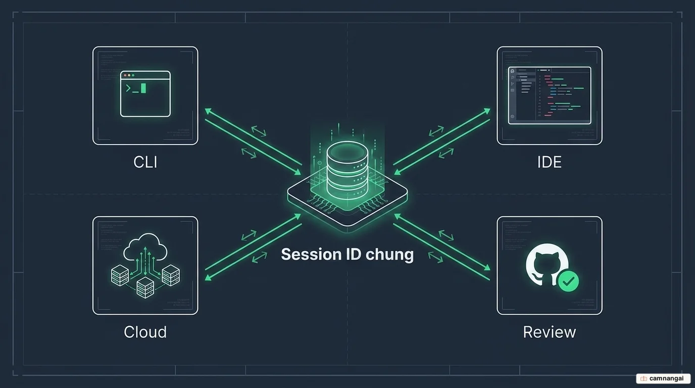 Sơ đồ bốn bề mặt của Codex — CLI, IDE, Cloud và Review — cùng kết nối với nhau qua một Session ID chung