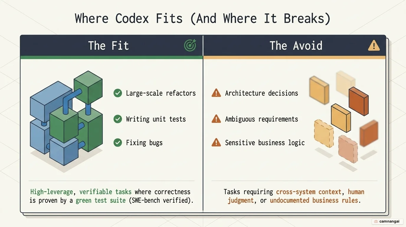 Two-column comparison: where Codex fits (large-scale refactors, writing unit tests, fixing bugs with stack traces) versus where to avoid it (architecture decisions, ambiguous requirements, sensitive business logic)