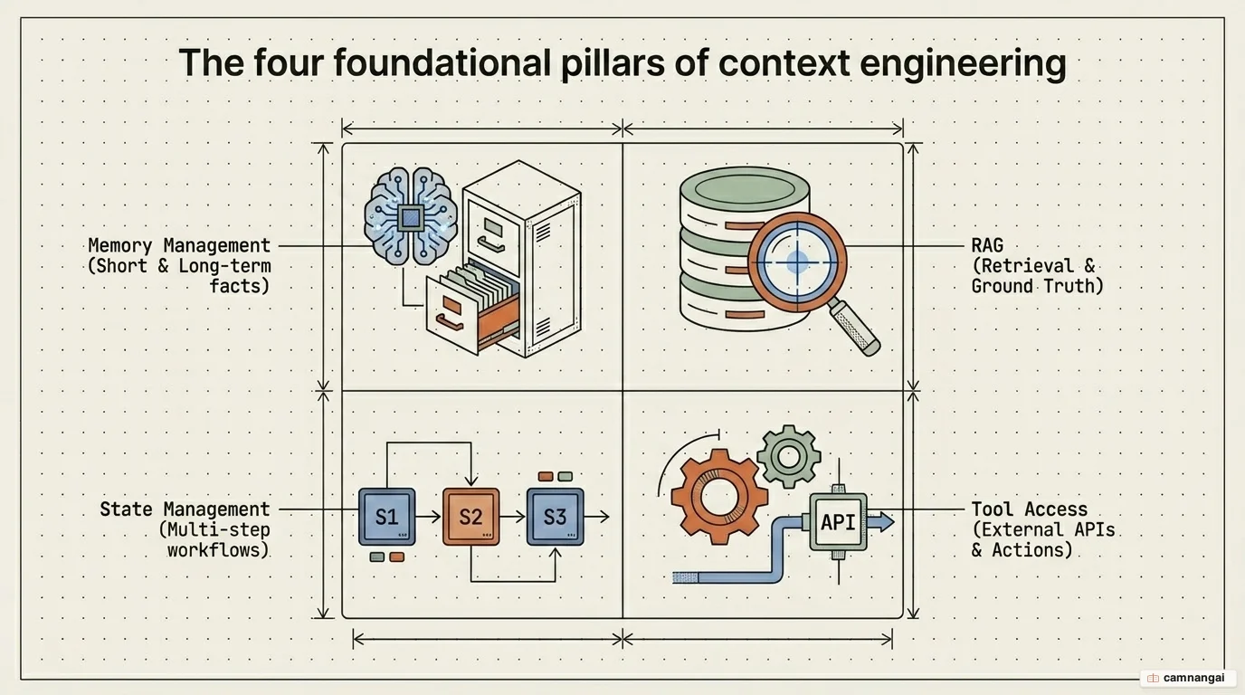 Diagram of pruning priority when the context window fills: keep system instructions and state, mid-tier tool outputs and RAG, cut few-shot examples and old history