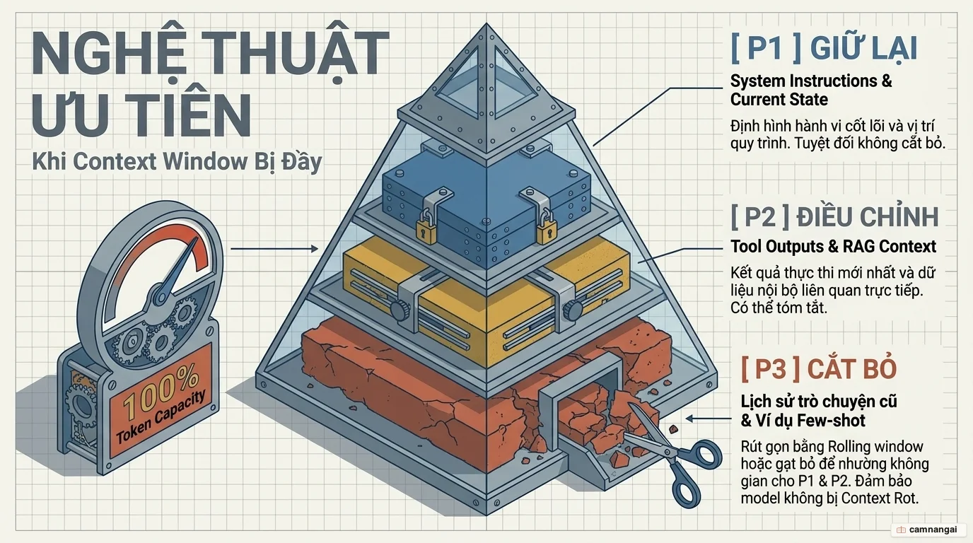 Sơ đồ thứ tự ưu tiên khi cửa sổ ngữ cảnh đầy: giữ lại system instructions và state, ưu tiên trung gian cho tool output và RAG, cắt bỏ few-shot và lịch sử cũ
