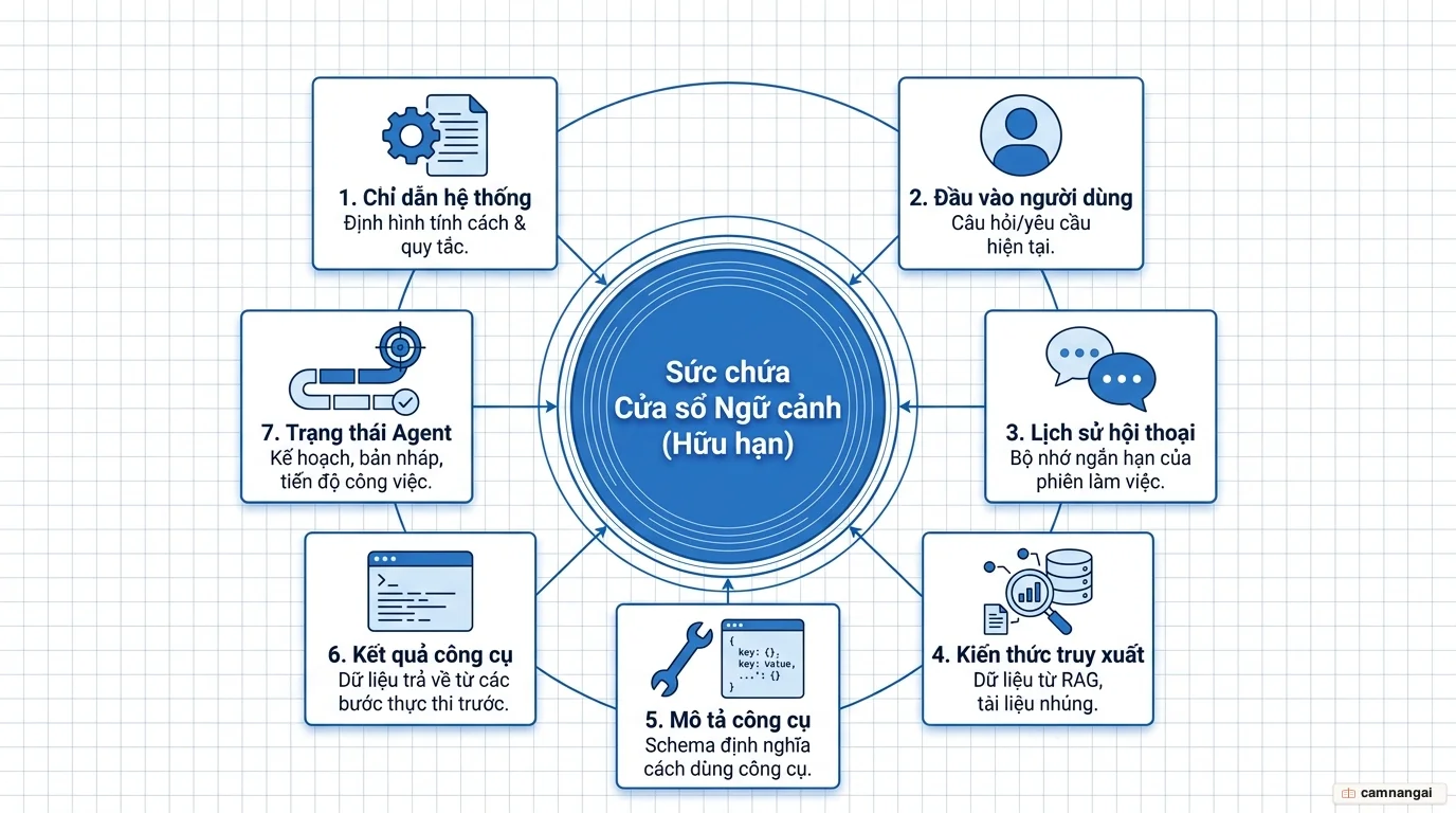 Sơ đồ cửa sổ ngữ cảnh hữu hạn chia thành bảy thành phần: chỉ dẫn hệ thống, đầu vào người dùng, lịch sử hội thoại, kiến thức truy xuất, mô tả công cụ, kết quả công cụ và trạng thái agent