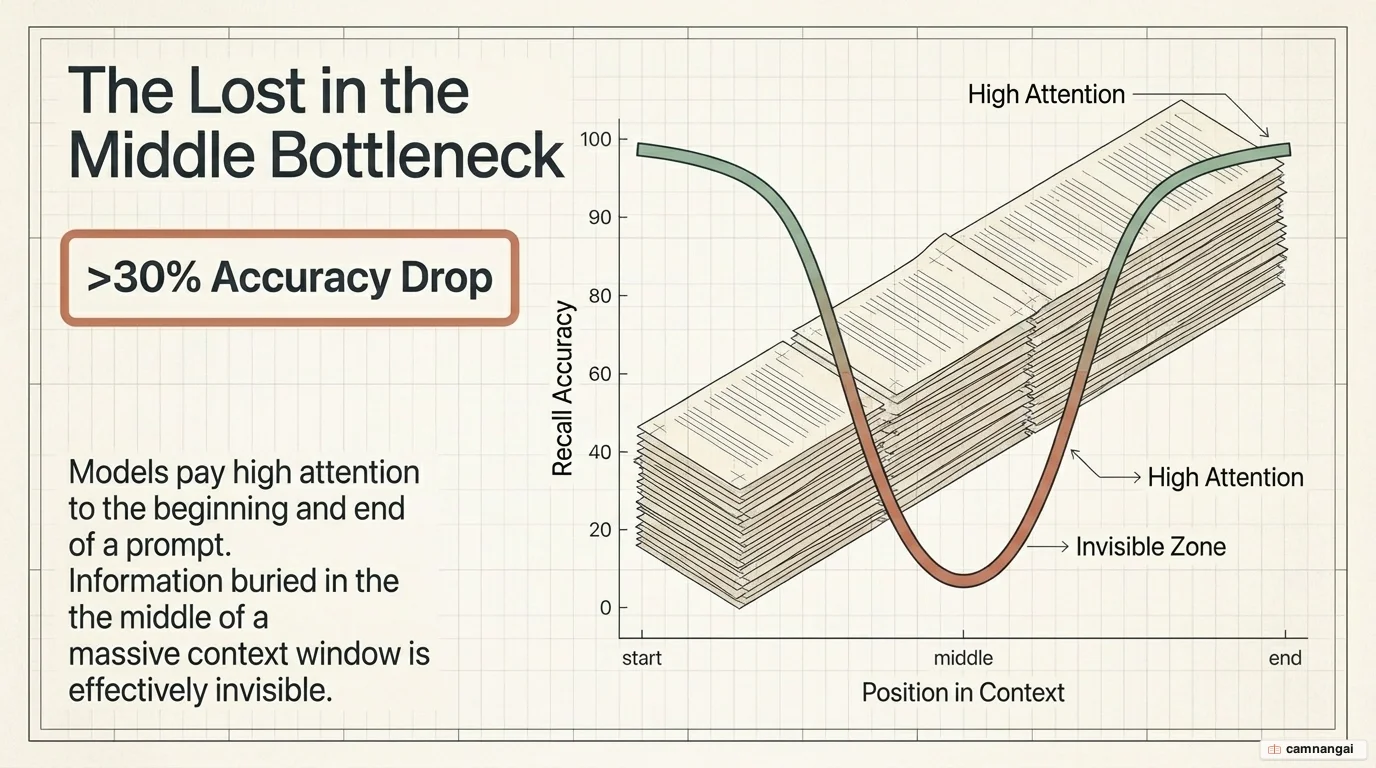 U-shaped attention curve of the Lost in the Middle effect: accuracy is high at the start and end of the context but drops by over 30% in the middle