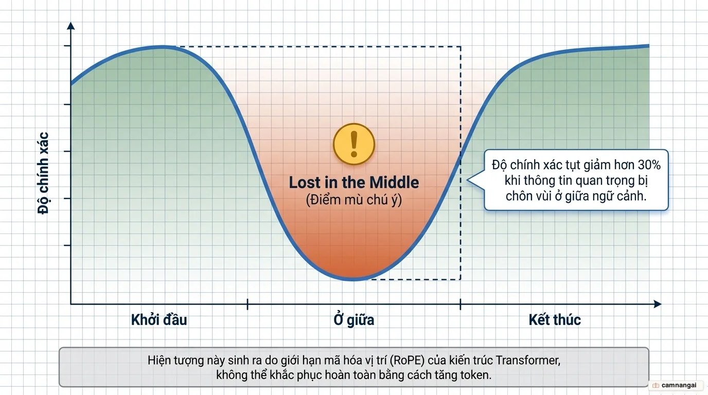 Đường cong chú ý hình chữ U của hiện tượng Lost in the Middle: độ chính xác cao ở đầu và cuối ngữ cảnh nhưng giảm hơn 30% ở giữa