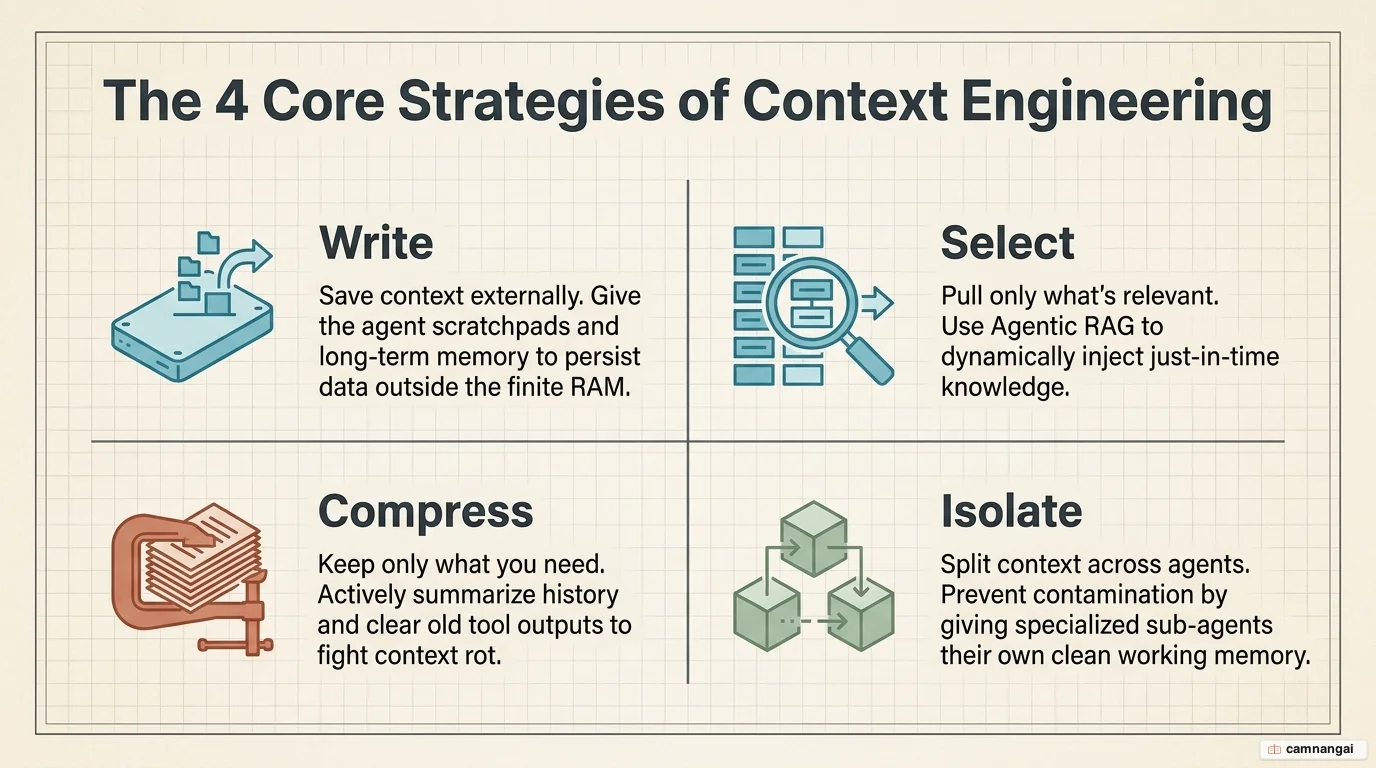 The four core context-engineering strategies shown as a four-box grid: Write, Select, Compress, and Isolate