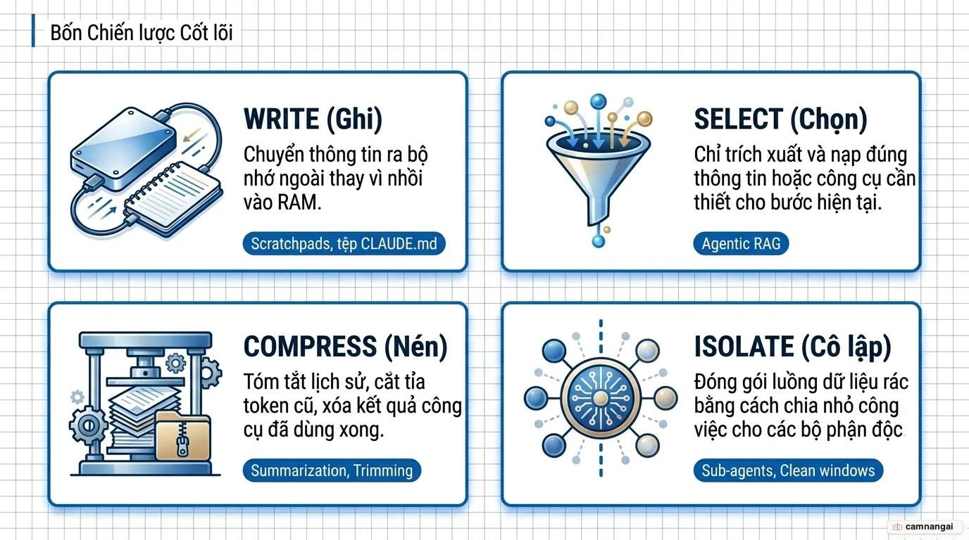 Bốn chiến lược cốt lõi của context engineering trình bày dạng lưới bốn ô: Write (ghi), Select (chọn), Compress (nén) và Isolate (cô lập)