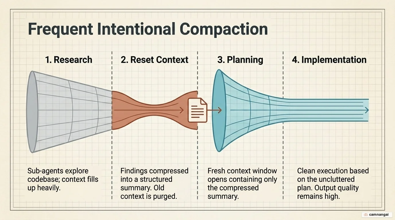 The four-step Frequent Intentional Compaction workflow: research, context reset, planning, and implementation