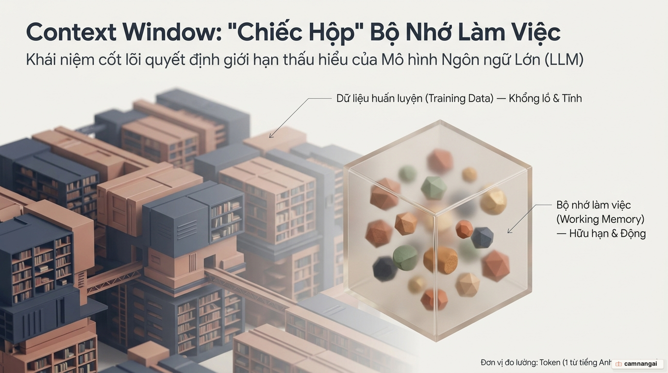 Sơ đồ khái niệm context window như chiếc hộp bộ nhớ làm việc hữu hạn của mô hình ngôn ngữ lớn, tách biệt với kho dữ liệu huấn luyện khổng lồ