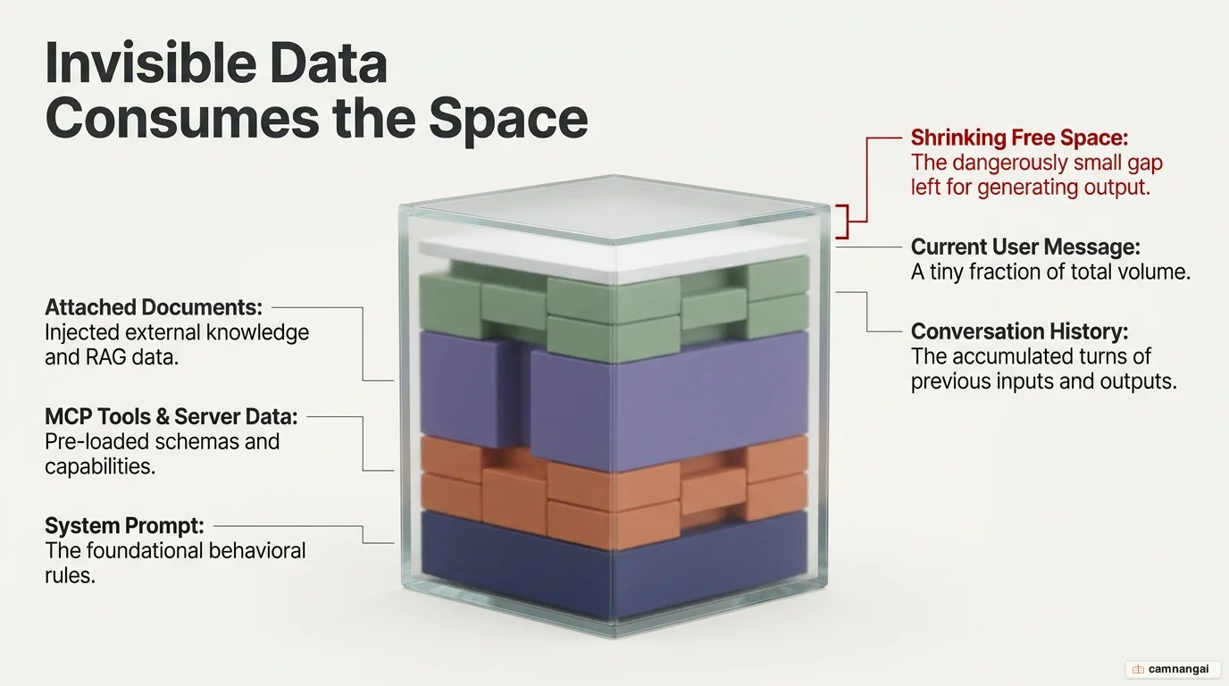 Diagram of the components competing for space inside the context window box: system prompt, conversation history, attached documents, RAG data and MCP tools, leaving shrinking free space
