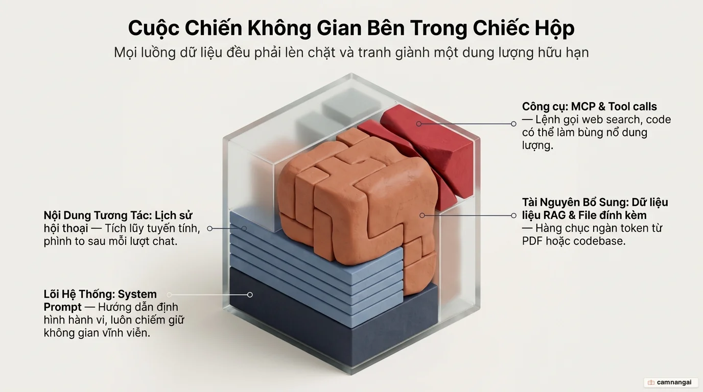Sơ đồ các thành phần tranh nhau chỗ trong chiếc hộp context window: system prompt, lịch sử hội thoại, tài liệu đính kèm, dữ liệu RAG và công cụ MCP