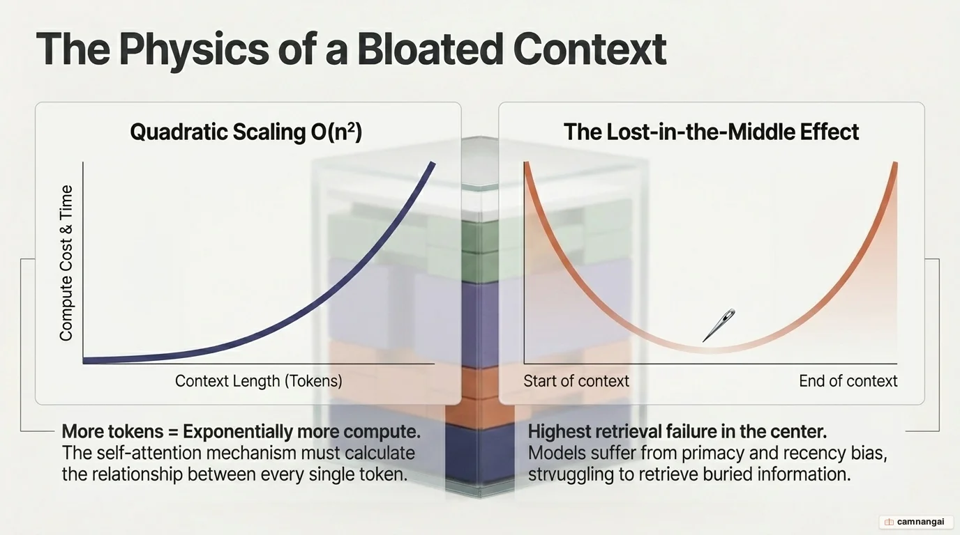 Two charts showing the trade-off of a bloated context: quadratic O(n²) compute scaling and the lost-in-the-middle curve where retrieval accuracy dips in the center