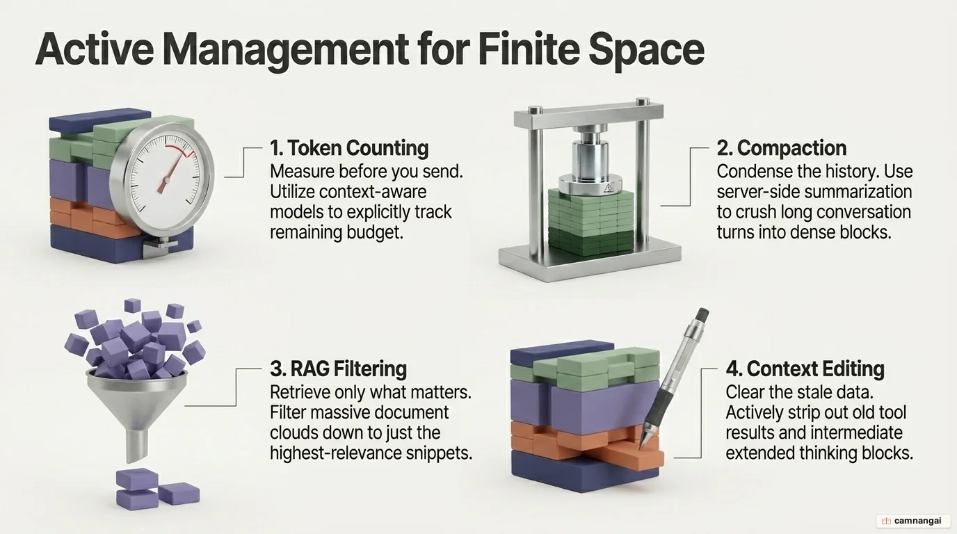 Diagram of four context-window management techniques: token counting, compaction, RAG filtering and context editing