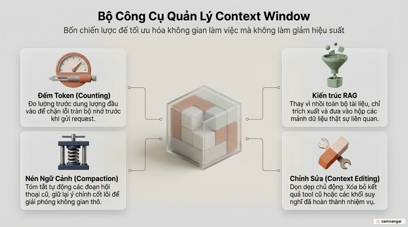 Sơ đồ bốn công cụ quản lý context window: đếm token, nén ngữ cảnh compaction, kiến trúc RAG và chỉnh sửa ngữ cảnh context editing