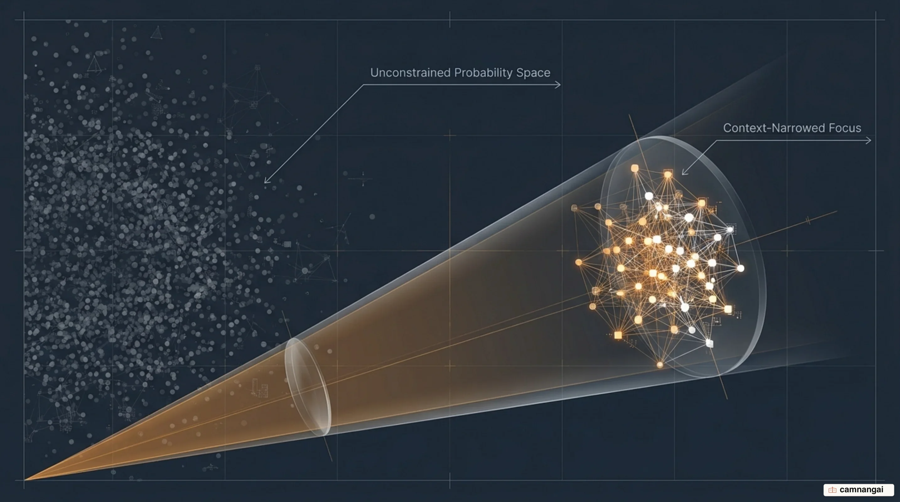 Diagram showing how context narrows the probability space so the model focuses on the relevant region of its knowledge instead of searching everywhere