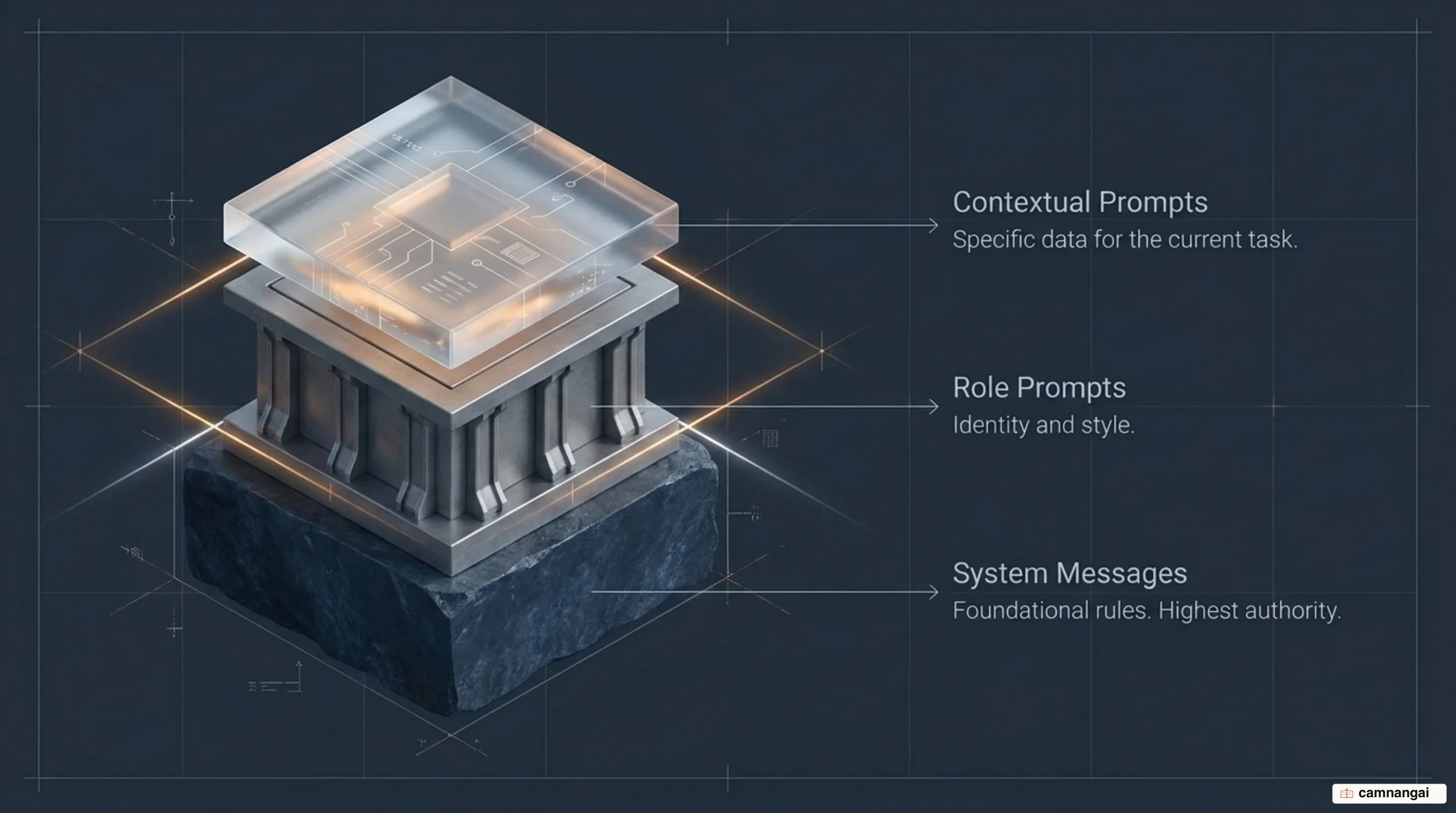 Diagram of the three prompt layers ordered by authority: system messages set the rules, role prompts assign an identity, contextual prompts supply the current task data
