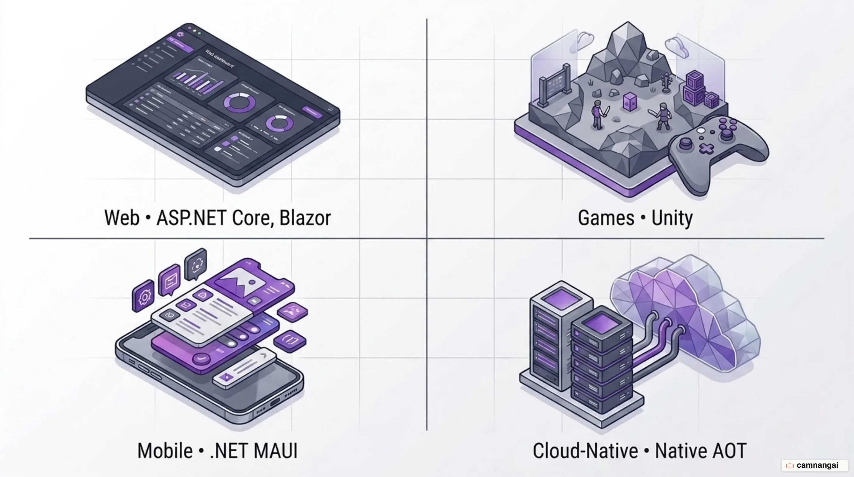 Four things people build with C#: web with ASP.NET Core and Blazor, games with Unity, mobile with .NET MAUI, and cloud-native with Native AOT