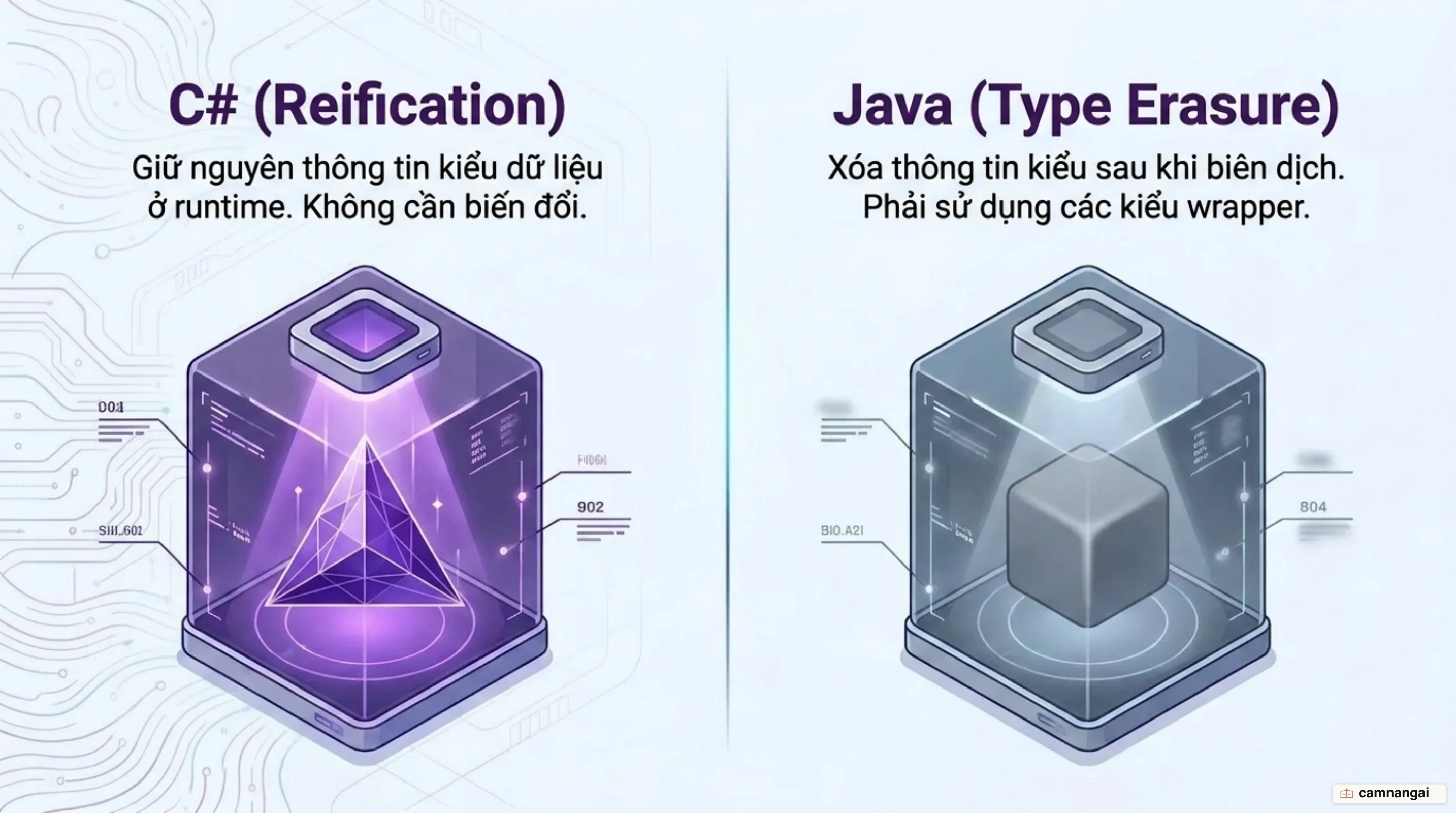 So sánh C# và Java: C# giữ nguyên thông tin kiểu ở runtime, còn Java xóa thông tin kiểu sau biên dịch nên phải dùng kiểu wrapper