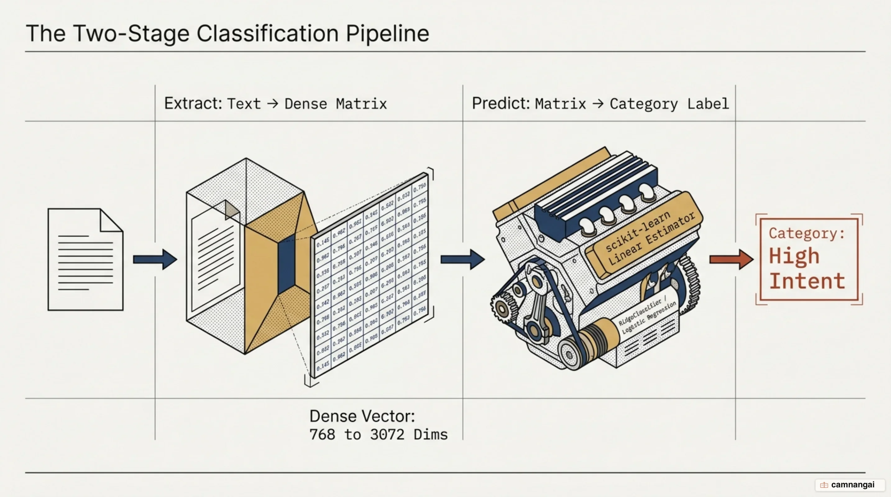 Two-stage data classification pipeline from dense embedding model to supervised estimator